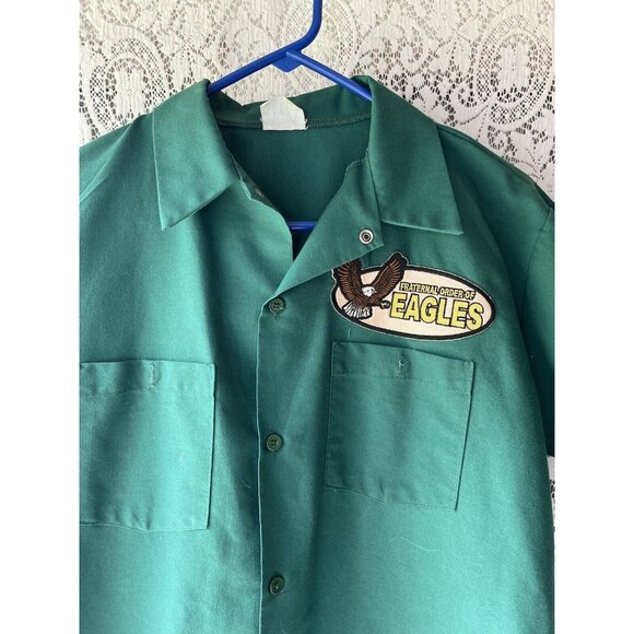 Vintage Fraternal Order of Eagles Patch Green Work Shirt Men’s Button Up SS - Picture 2 of 6